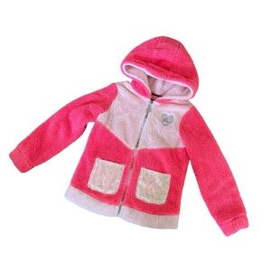 Betsey Johnson Sherpa Fleece Hoodie Jacket Pink White Sequins Pockets Girls M 10